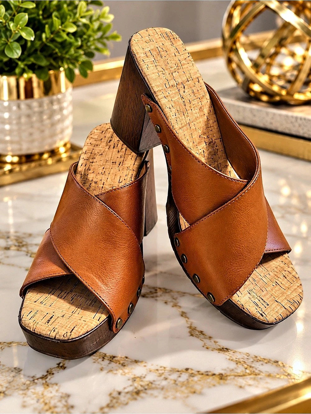 Kork Brown Wedge Mules